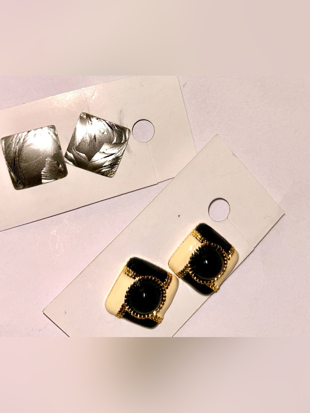 Vintage Earrings Retro Glam Enamel & Treated Metal Designer Silver & Gold EUC
